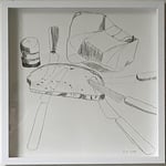 Eva Hradil " Brot und  Butter und 5 Messer" 2018, Bleistift auf Papier, 30 x 30 cm