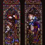 Annunciation. the left-hand and centre panels of a three-light window at St. Columba's Church. 1860. St. Columba's Church, Topcliffe, Yorkshire, UK