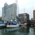 徳島県庁前のヨットハーバーには外国の帆船も停泊していました。　　　・夏の海来し外つ国の帆船も(和良)