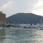 ひょうたん島クルーズで見た徳島県庁とヨットハーバーと眉山です。  ・徳島に川の回廊船遊(和良)