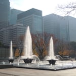 噴水の向うに皇居外苑から東京駅まで続く銀杏並木が見えます。　　　　　　　　　　　　　　　　　　　　　　　　　　・東京は銀杏並木の似会ふ街(和良)