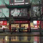 上海の豫園商場です。雨に濡れた街路に町の灯が綺麗でした。 ・上海の夜の灯うるみ冬の雨（和良）