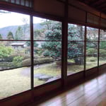 箱根小涌園の茶寮「椿山荘」で名画を鑑賞した後、お蕎麦をいただきました。        　　　　・波打てる玻璃戸の庭の落椿(和良)