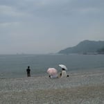 徳島市の大神子海岸は夏休みを楽しむ家族連れで賑わっていました。  ・砂浜に寄り添ひ語るひからかさ（和良）