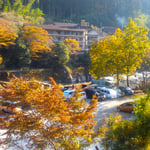 月が谷温泉の月の宿は周囲を黄葉に囲まれた山の中にありました。　　・山の湯の宿は黄葉に囲まれて(和良)