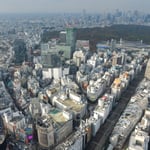 渋谷に新しくできた渋谷スカイの屋上から見た神宮の森の方面です。　・目の下の渋谷の街に差す冬日（和良）