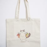 常にウキウキな猫、「ウキねこ」のトートバッグです。肩掛けができて、金具にはマスコットなど付けられます。マチ付き、内ポケット付きです。ウキウキなお出かけのお供にどうぞ！　横約36㎝　￥1,500