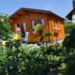 FeWo Dietsch Vestenbergsgreuth mit Elektroauto Ladestation für Gäste, Naturpark Steigerwald in Franken, gelbe Rose am Gartenhaus