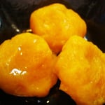 カボチャ団子のはちみつかけ エネルギー；116㌔㌍　　タンパク質；2.6㌘　　塩分；0㌘