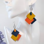 VENDUES ! B.O. FORMIDABLE modèle ÉMILIE Cuirs ocre/orange/bleu nuit, breloque inox carrés entrelacés et diamant bleu canard ou orange