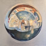 Susan O'Reilly, "Studio World", 8" x 8", oil on brushed aluminum