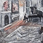 Gregory Prestegord, "Group Muse at Pavlocks", 12" x 48”, oil on board