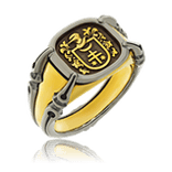 Ein Wappenring aus Gelb- und Weissgold, angefertigt von der Goldschmiede Obsession. 