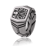 Ein moderner Wappenring aus Edelstahl, angefertigt nach Kundenwunsch von der Goldschmiede Obsession. 