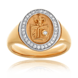 Ein traditioneller ovaler Wappenring aus Rot- und Weißgold, verziert mit Brillanten, handgefertigt nach Kundenwunsch von der Goldschmiede Obsession. 