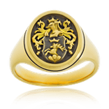 Ein Wappenring aus Gelbgold mit einem persönlichen Familienwappen, handgefertigt von der Goldschmiede Obsession. 