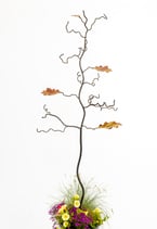 Bird feeder tree stand station with 4 colourful stainless steel oak leaves. Family tree, iron and steel wedding anniversary gift.