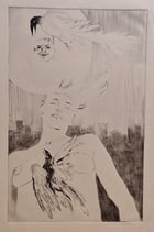 Unbekannter Künstler - Akt mit Stadt und Krähen