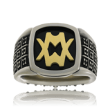 Monogramm Ring in Weissgold mit einem Gelbgold Monogramm auf schwarzem Grund von der Goldschmiede OBSESSION in Wetzikon und Zürich
