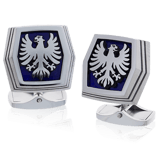 Manschettenknöpfe in Edelstahl mit persönlichem Wappen-Motiv aus der Herrenschmuck-Kollektion Transformer, handgefertigt von der Goldschmiede OBSESSION in Zürich und Wetzikon