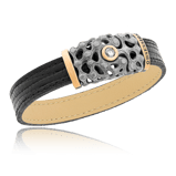 Geprägtes Lederarmband mit einer Schliesse in Silber und Rotgold sowie einen Brillanten aus der Herrenschmuck Kollektion Mikrokosmos von der Goldschmiede OBSESSION Zürich und Wetzikon.