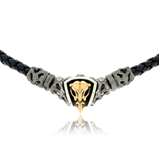 Leder Collier mit Verschluss und Anhänger in Silber und Schädel in Rotgold aus der Mikrokosmos Männerschmuck Kollektion der Goldschmiede OBSESSION 