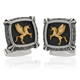 Manschettenknöpfe in Edelstahl mit Pegasus Motiv in Rotgold aus der Herrenschmuck-Kollektion Gremlin, handgefertigt im Atelier der Goldschmiede OBSESSION in Zürich und Wetzikon