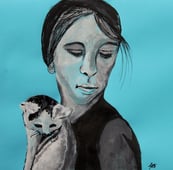 Mädchen mit Katze auf dem Arm, Tusche und Gouache auf hellblauem Briefumschlag
