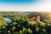 Aerial shot of Turaida Castle and forests of Gauja National Park, Latvia