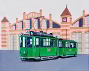 Bild Nr. 33: Der Trammotorwagen Nr.150 auf der Linie 24 vor dem Depot Wiesenplatz 1969, 80x100. Das war über ein halbes Jahrhundert lang der klassische Zweiwagenzug in Basel - auch als Ansichtskarte erhältlich unter www.tramoldtimer-basel.ch 