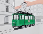 Bild Nr. 31: Der Trammotorwagen Nr. 135 auf der Linie 25 (Lysbüchel - Huningue F) an der Haltestelle Lysbüchel im Jahre 1961,  100x80 - auch als Ansichtskarte erhältlich unter www.tramoldtimer-basel.ch