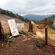 森の中からいきなり風景が開け、伐採地の向こうに岩茸石山が見渡せます。