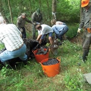 Mit vereinten Kräften wird ein großes Stück Plastikfolie geborgen.