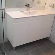 Cheltenham Main Bathroom Renovation After Photo With White Polyurethane Finger Pull Vanity With Legs