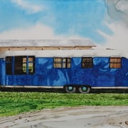 Robert Waddington, "Blue and White Vagabond Trailer Home", watercolor, 8" x 10"