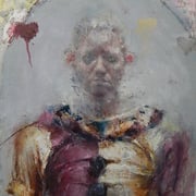 Catherine Mulligan, "Clown Self-Portrait", 16” x 14”, oil & pigment transfer on masonite  