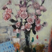 Catherine Mulligan, "Flowers in Studio", 18" x 12”, oil & pigment transfer on masonite  