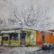 Catherine Mulligan, "Bill’s Discount Liquor ", 14” x 16”, oil on masonite    