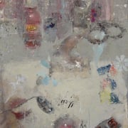 Catherine Mulligan, "Spring Still Life", 14” x 11", oil & xerox transfer on mylar               