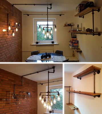 Definitiv ein Hingucker: Ess- und Spielezimmer mit Lampe, Regal und Vorhangstange aus blanken Wasserrohren und Fittings. | (c) G. Güven 