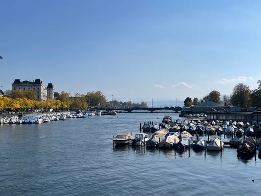 Blick über die Limmat mit Booten am Steeg und dem Haus Bellevue im Hintergrund.