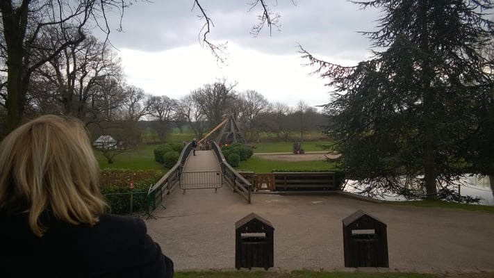 The counterweight trebuchet is loaded and about to fire it's misile.