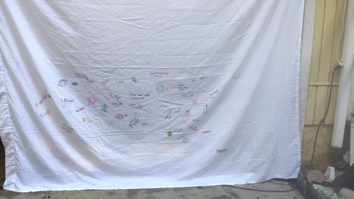 Hiker, die angekommen sind, verewigen sich