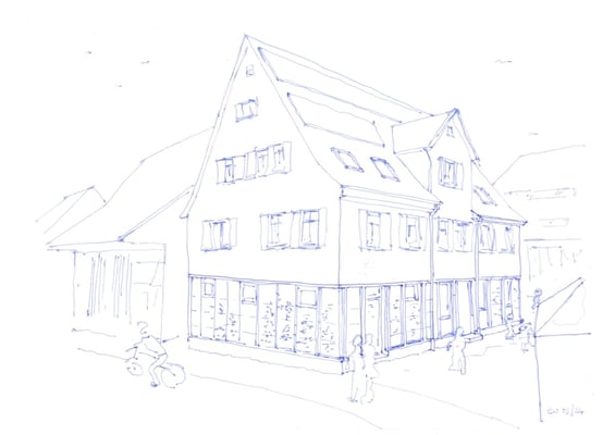 Altes Schulhaus Tübingen-Derendingen, Skizze mit Rankgerüst auf Straßenseite