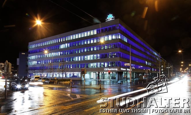 Nachtaufnahmen CSS-Hauptsitz Tribschenstrasse Luzern für Energo by Stockerdirect.ch. HDR-Fotografie.
