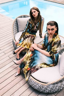 Left: 52 Shirt Vicky Print U05, 211 Lex Skirt  Print U06,  Right: 225 Renate Dress  Print U06