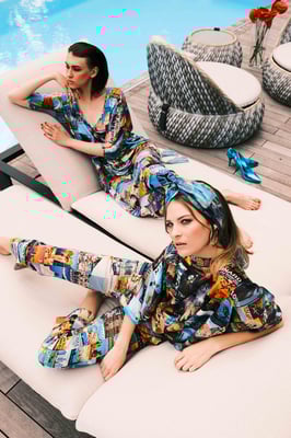 Right: 174 Lana Top Print U09, 105 Britta Pants Print U09, Left: 243 Ulicia Dress  Print U09