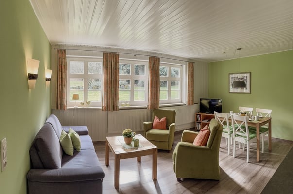 Blick durch den lichtdruchfluteten Wohnraum.