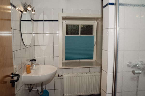 Blick in das Badezimmer mit WC und Dusche.