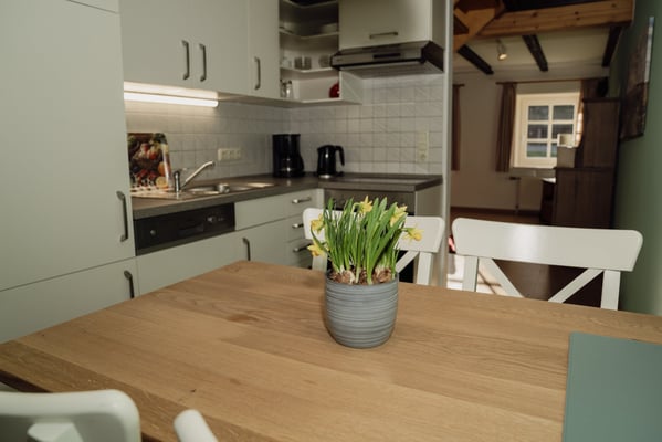 Blick in die moderne Küche mit Esstisch. 